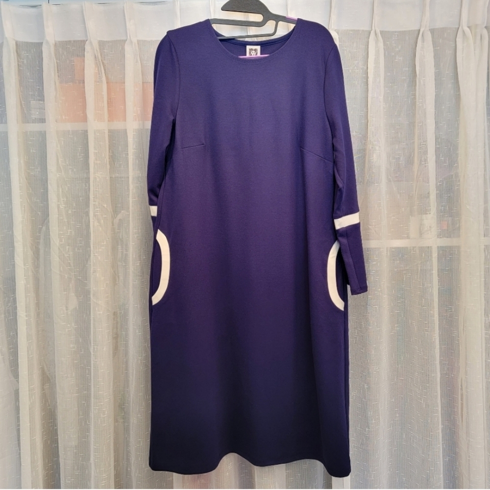 Anne Klein Navy Shift Dress Long Sleeves with Pockets Size Large NWT